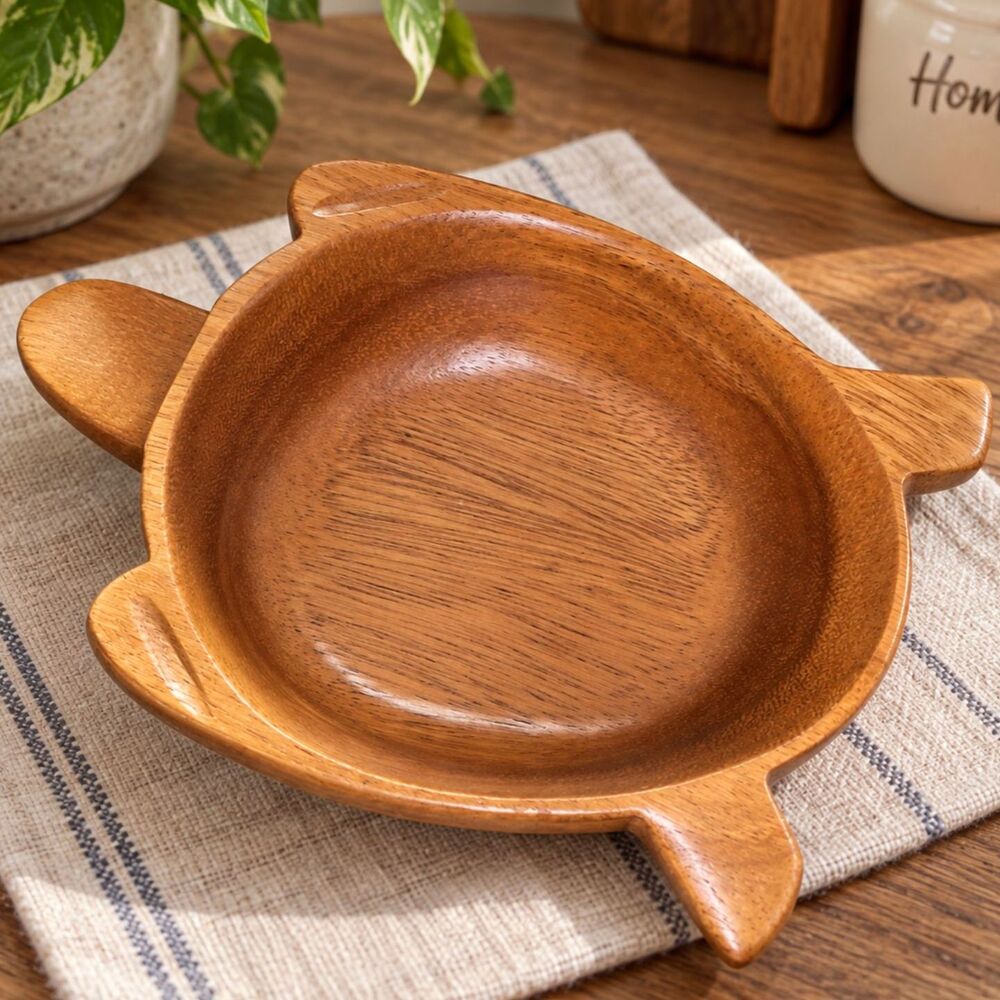 Wood Sea Turtle Handcrafted Carved Trinket Dish Bowl Signed Suva Wood Primitive